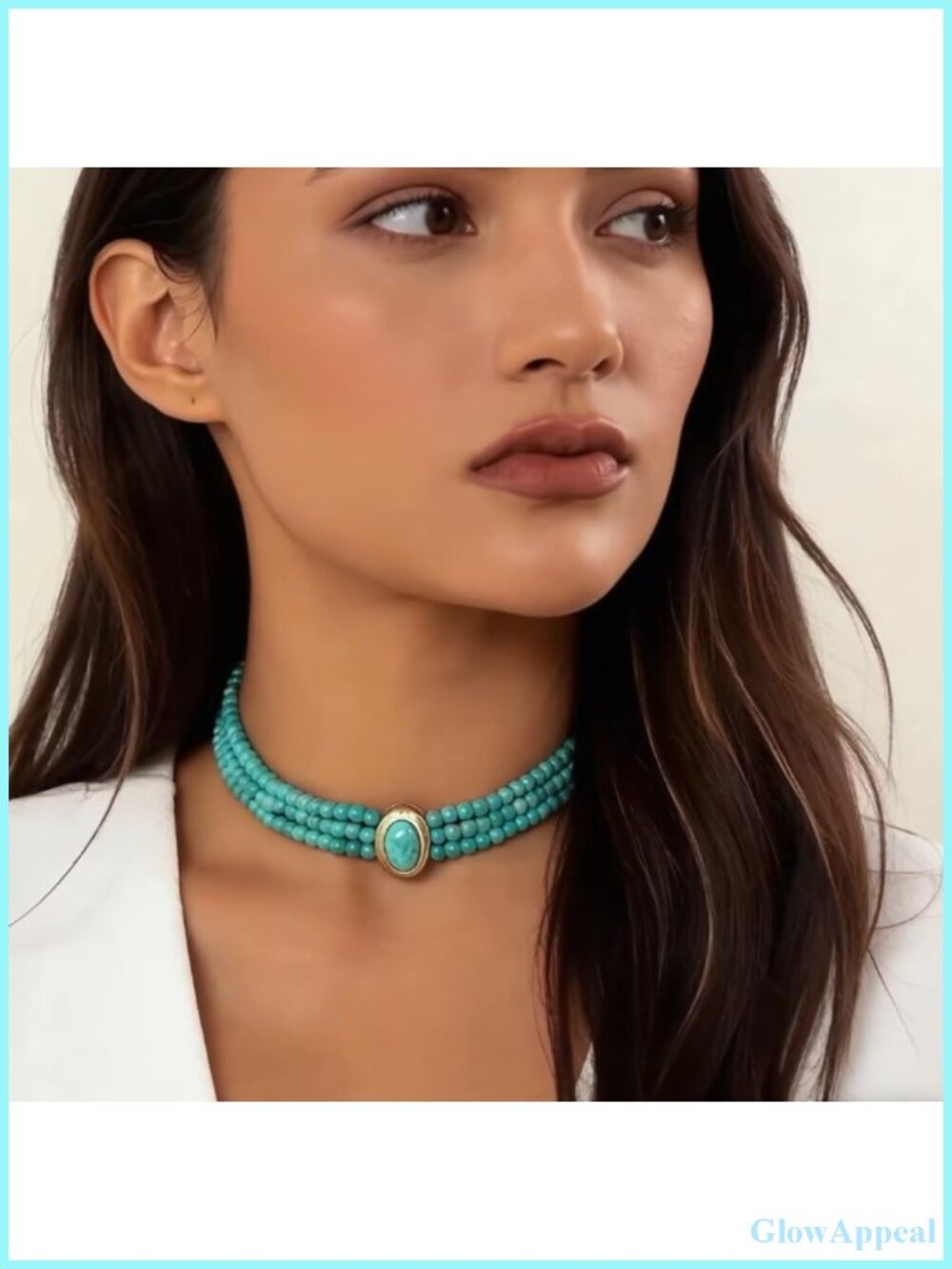 Turquoise Choker Necklace 3 Layer Stainless Steel Gold Plated - Picture 6 of 6
